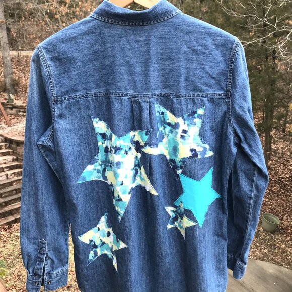 Women’s Star Denim Shirt, M (8-10): Upcycled Handmade Appliqued Stars Front/Back - Picture 10 of 11
